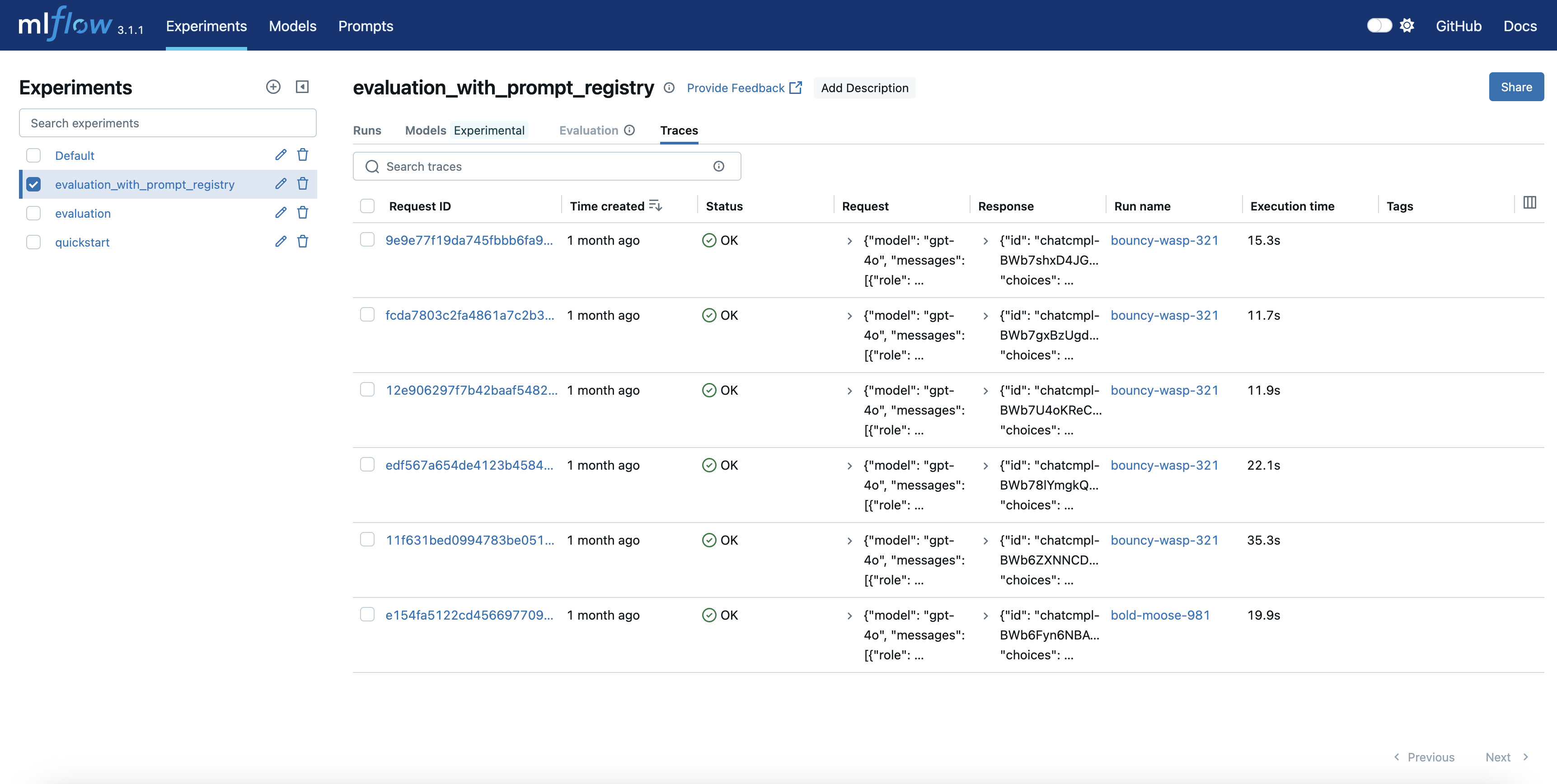 MLflow UI showing the tracing for each LLM execution